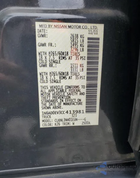 2012 Nissan Frontier S z USA, uszkodzony, nr VIN 1N6AD0EV3CC413981